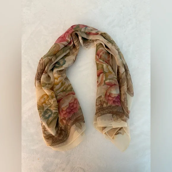 Echo Silk Scarf 36x36 Floral Baroque Print Square Beige Pink Vintage Style - Picture 6 of 6